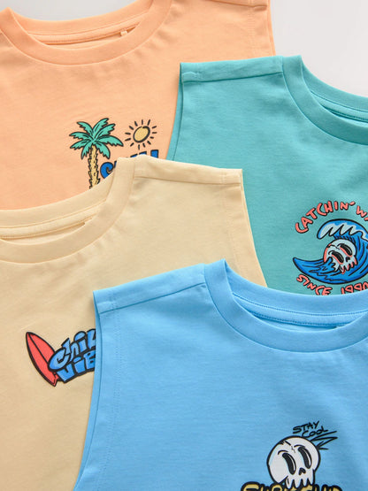|Boy| Conjunto De 4 Regatas Nas Cores Pêssego/Azul/Verde/Laranja (3-16 anos)