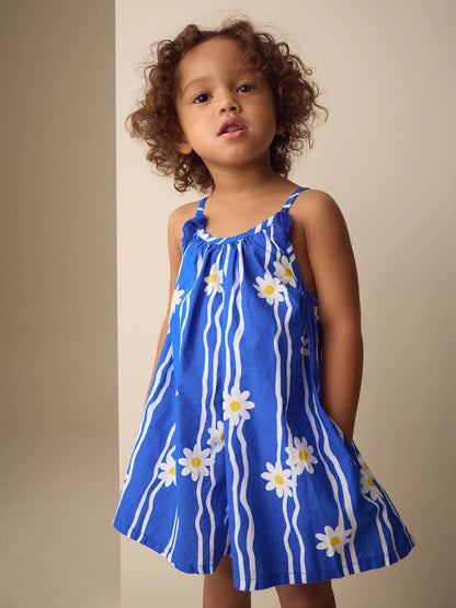 |Girl| Macacão Curto Azul Cobalto Com Estampa De Margaridas e Alças Finas (3 meses a 10 anos)