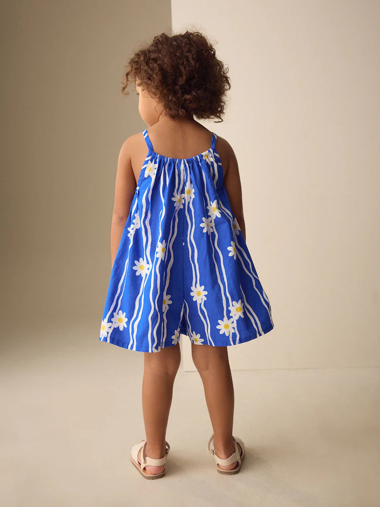 |Girl| Macacão Curto Azul Cobalto Com Estampa De Margaridas e Alças Finas (3 meses a 10 anos)