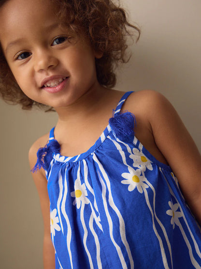 |Girl| Macacão Curto Azul Cobalto Com Estampa De Margaridas e Alças Finas (3 meses a 10 anos)