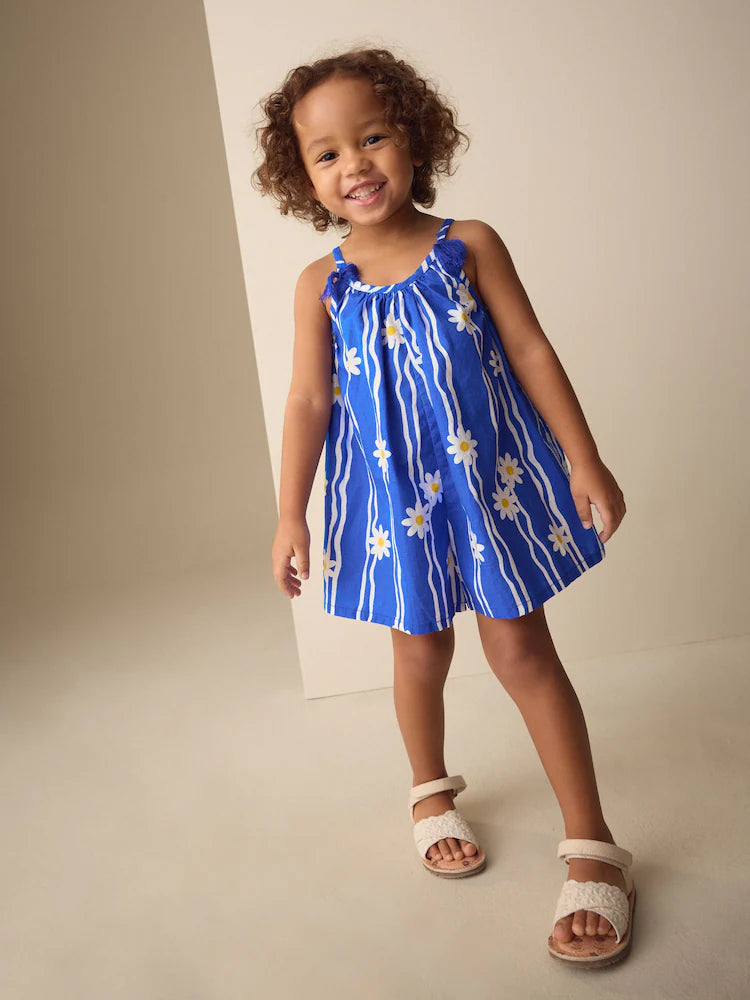 |Girl| Macacão Curto Azul Cobalto Com Estampa De Margaridas e Alças Finas (3 meses a 10 anos)