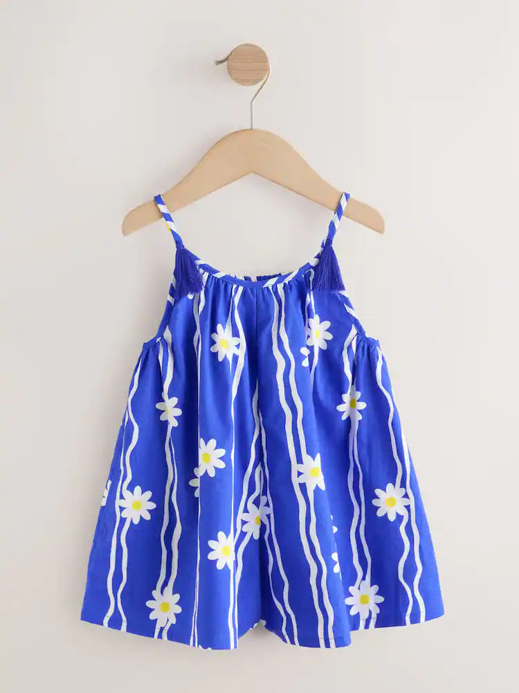 |Girl| Macacão Curto Azul Cobalto Com Estampa De Margaridas e Alças Finas (3 meses a 10 anos)