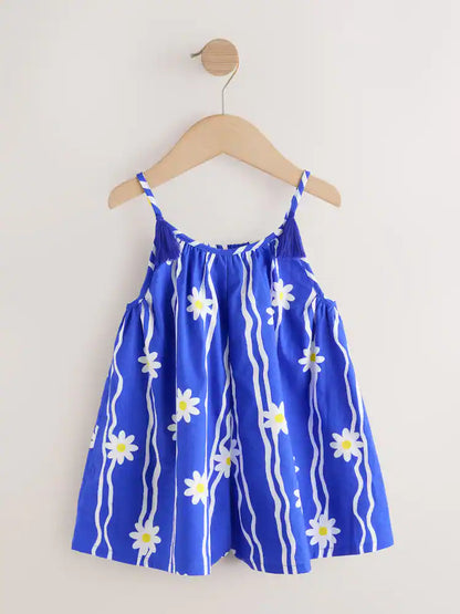 |Girl| Macacão Curto Azul Cobalto Com Estampa De Margaridas e Alças Finas (3 meses a 10 anos)