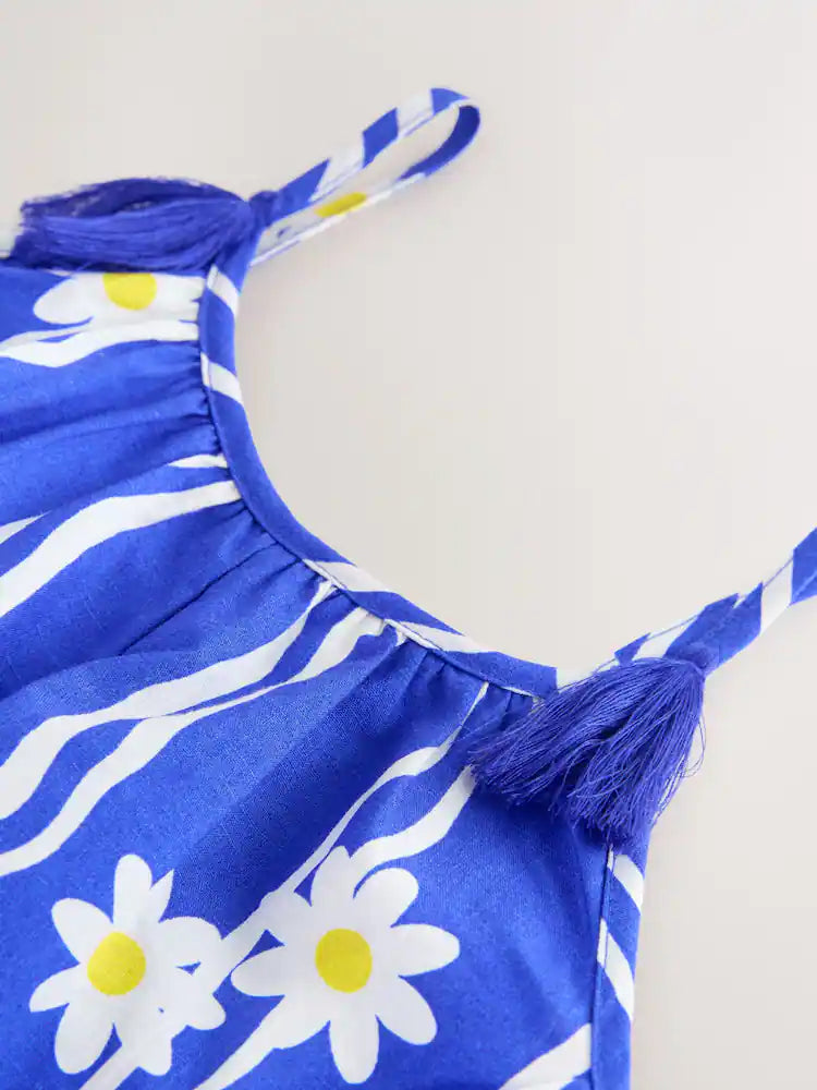 |Girl| Macacão Curto Azul Cobalto Com Estampa De Margaridas e Alças Finas (3 meses a 10 anos)
