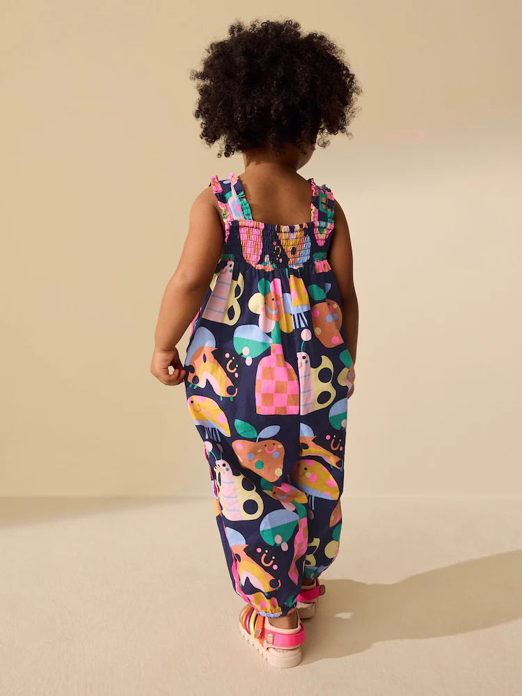 |Girl| Macacão Curto Com Alças e Estampa De Maçãs Arco-íris Em Ric Rac (3 meses a 7 anos)