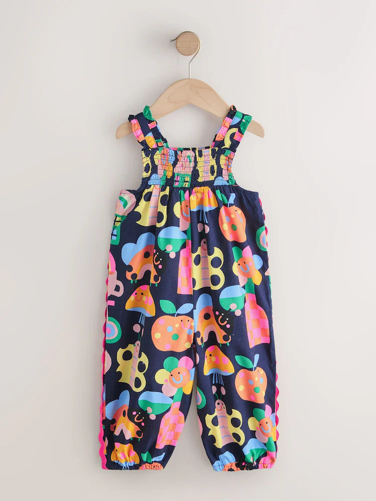 |Girl| Macacão Curto Com Alças e Estampa De Maçãs Arco-íris Em Ric Rac (3 meses a 7 anos)