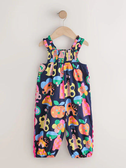 |Girl| Macacão Curto Com Alças e Estampa De Maçãs Arco-íris Em Ric Rac (3 meses a 7 anos)