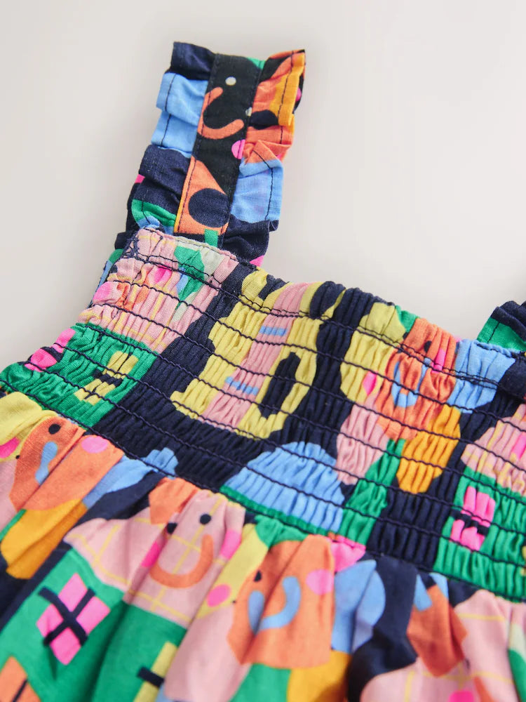 |Girl| Macacão Curto Com Alças e Estampa De Maçãs Arco-íris Em Ric Rac (3 meses a 7 anos)