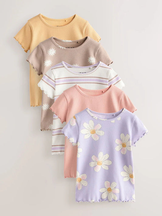 |Girl| Conjunto Com 5 Camisetas Caneladas Neutras De Manga Curta (3 meses a 7 anos)