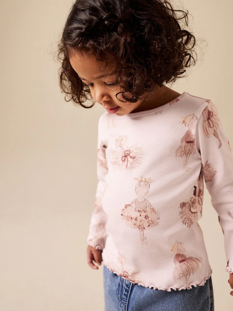 |Girl| Blusa De Manga Comprida Canelada Rosa Estilo Bailarina (3 meses a 7 anos)