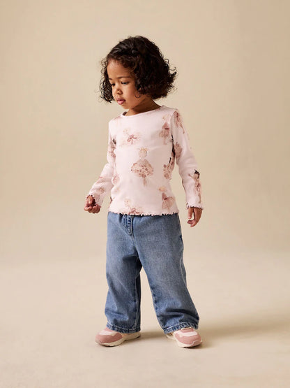 |Girl| Blusa De Manga Comprida Canelada Rosa Estilo Bailarina (3 meses a 7 anos)