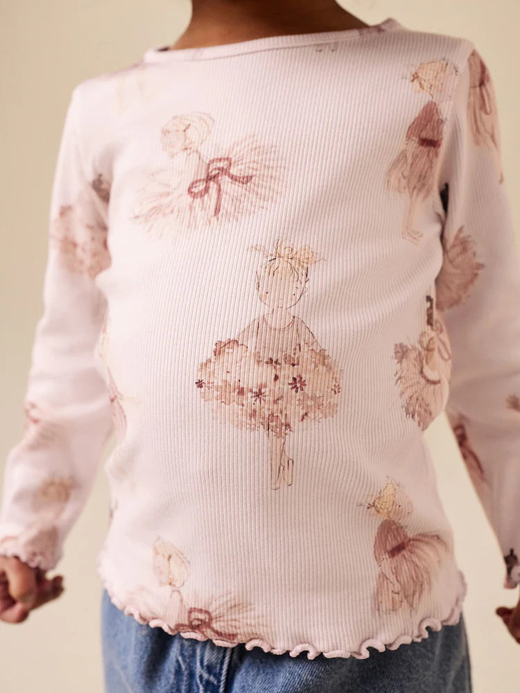 |Girl| Blusa De Manga Comprida Canelada Rosa Estilo Bailarina (3 meses a 7 anos)