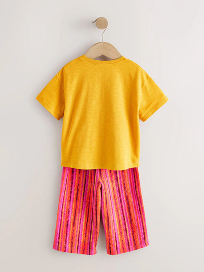 |Girl| Conjunto De Camiseta De Manga Curta e Calça Pantalona Amarelo Ocre (3 meses a 7 anos)