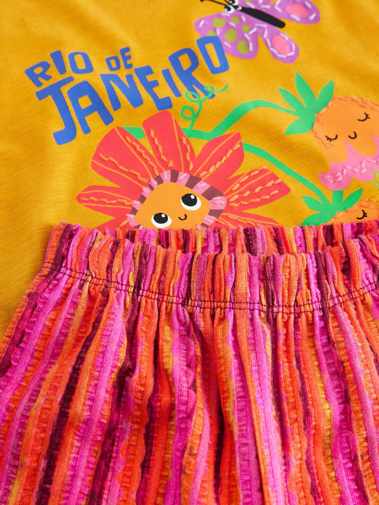 |Girl| Conjunto De Camiseta De Manga Curta e Calça Pantalona Amarelo Ocre (3 meses a 7 anos)