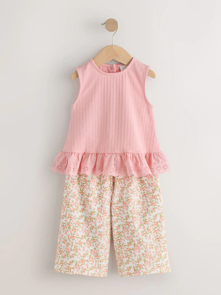 |Girl| Conjunto De Colete Com Bordado De Flores Rosa e Calça Ampla (3 meses a 7 anos)