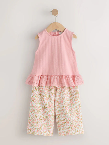 |Girl| Conjunto De Colete Com Bordado De Flores Rosa e Calça Ampla (3 meses a 7 anos)