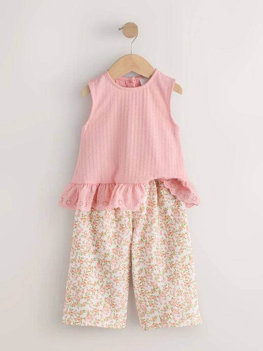 |Girl| Conjunto De Colete Com Bordado De Flores Rosa e Calça Ampla (3 meses a 7 anos)