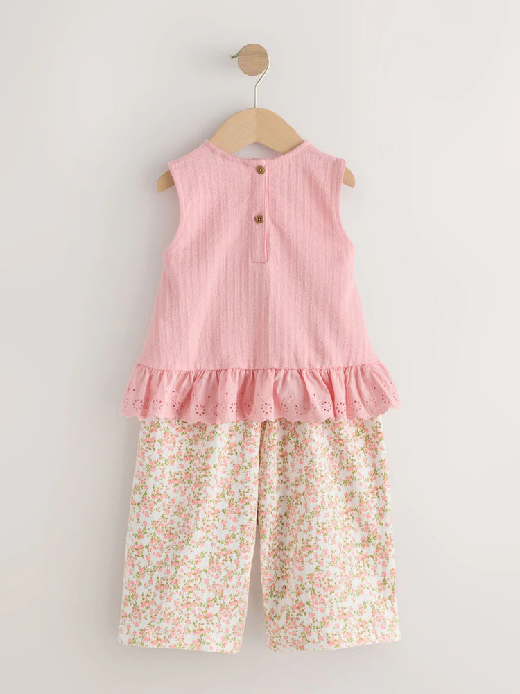 |Girl| Conjunto De Colete Com Bordado De Flores Rosa e Calça Ampla (3 meses a 7 anos)