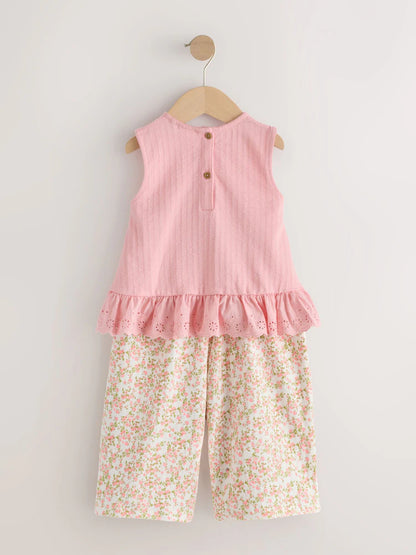 |Girl| Conjunto De Colete Com Bordado De Flores Rosa e Calça Ampla (3 meses a 7 anos)