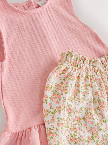 |Girl| Conjunto De Colete Com Bordado De Flores Rosa e Calça Ampla (3 meses a 7 anos)