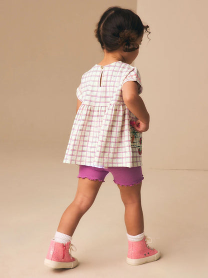 |Girl| Conjunto de Blusa Peplum com Bordado de Frutas Roxas e Shorts Ciclista (3 meses a 7 anos)