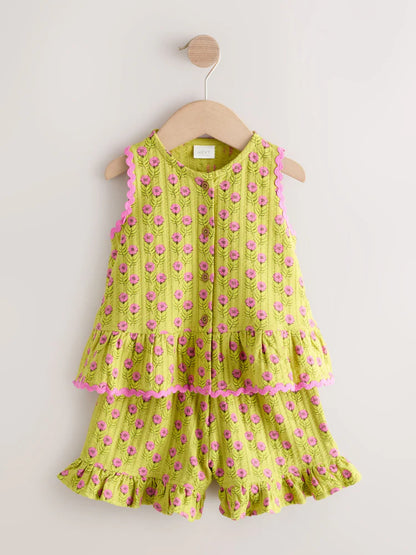 |Girl| Conjunto De Body Peplum e Shorts Com Estampa Floral Verde/Rosa (3 meses a 7 anos)