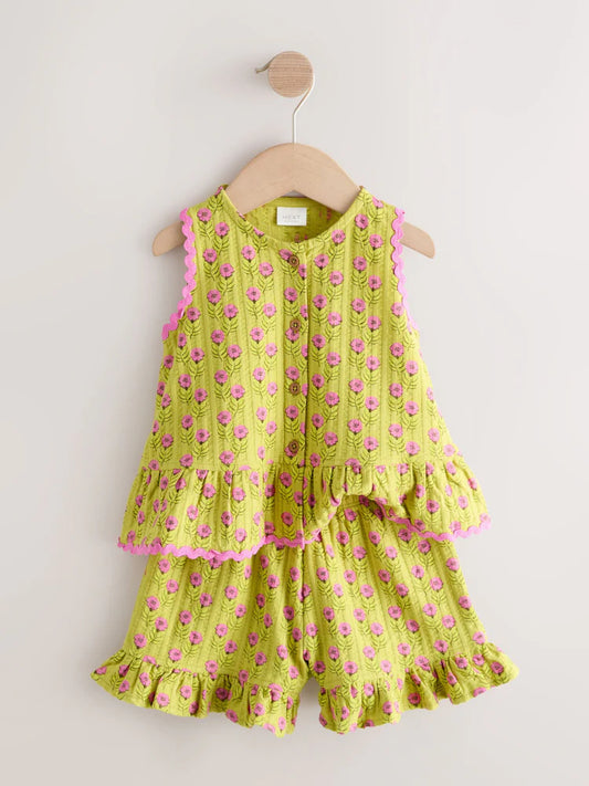 |Girl| Conjunto De Body Peplum e Shorts Com Estampa Floral Verde/Rosa (3 meses a 7 anos)