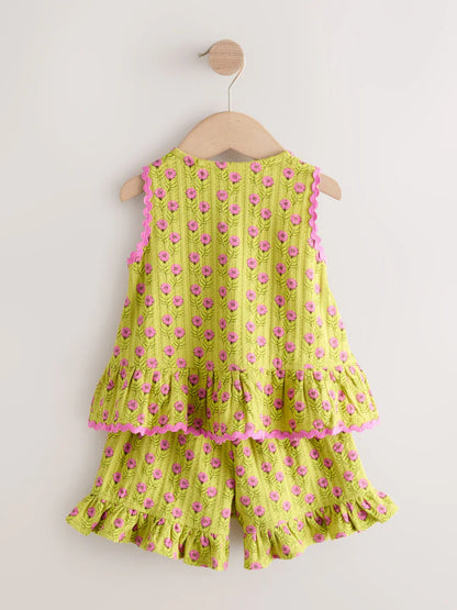 |Girl| Conjunto De Body Peplum e Shorts Com Estampa Floral Verde/Rosa (3 meses a 7 anos)