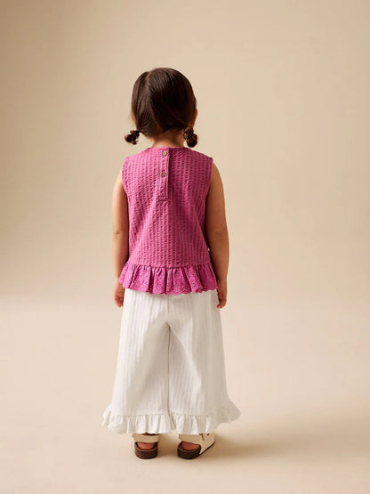 |Girl| Calças Largas Com Babados Em Tom Cru e Branco (3 meses a 7 anos)