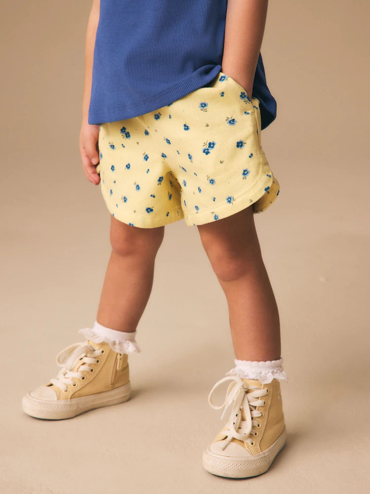 |Girl| Shorts Florais Amarelos e Azuis Com Elástico Na Cintura (3 meses a 7 anos)