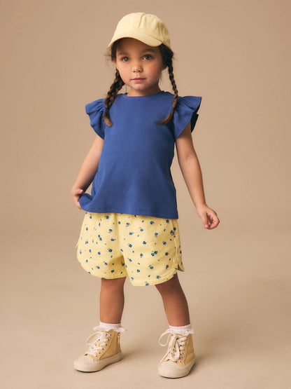 |Girl| Shorts Florais Amarelos e Azuis Com Elástico Na Cintura (3 meses a 7 anos)