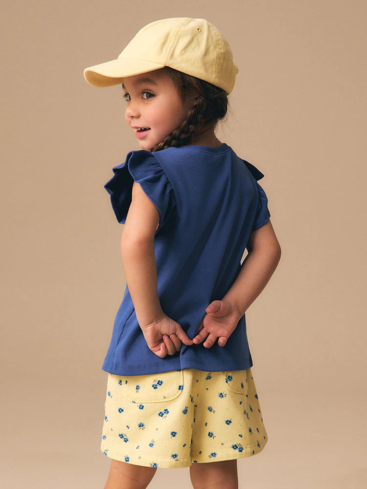 |Girl| Shorts Florais Amarelos e Azuis Com Elástico Na Cintura (3 meses a 7 anos)