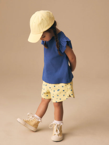 |Girl| Shorts Florais Amarelos e Azuis Com Elástico Na Cintura (3 meses a 7 anos)