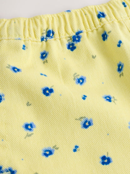 |Girl| Shorts Florais Amarelos e Azuis Com Elástico Na Cintura (3 meses a 7 anos)