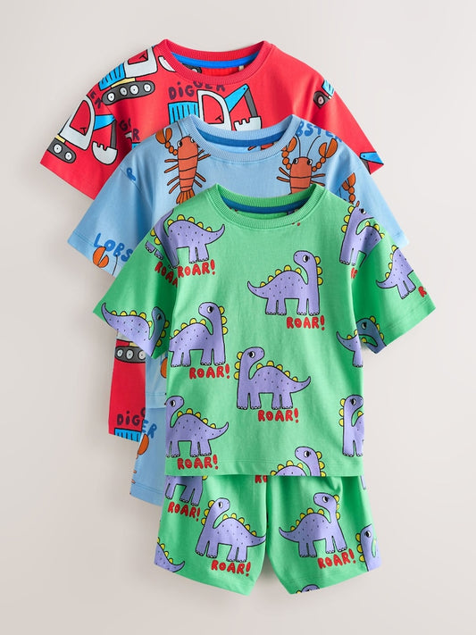 |Boy| Conjunto De 3 Pijamas Curtos Com Estampas Variadas De Dinossauro, Escavadeira e Lagosta nas cores azul, verde e vermelho (tamanhos de 9 meses a 8 anos)