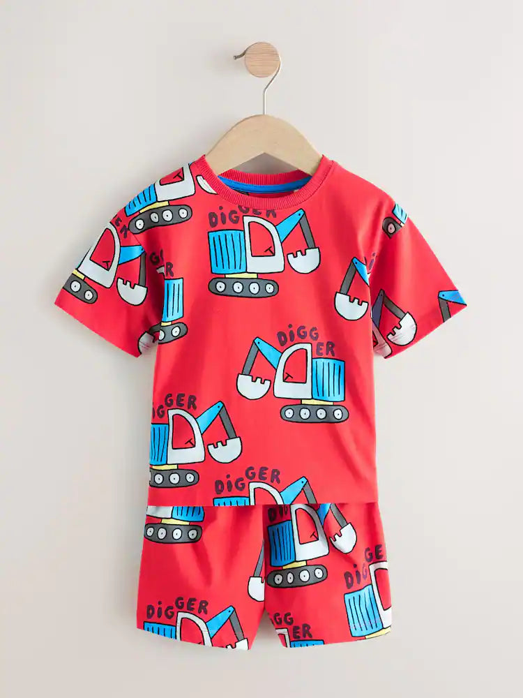 |Boy| Conjunto De 3 Pijamas Curtos Com Estampas Variadas De Dinossauro, Escavadeira e Lagosta nas cores azul, verde e vermelho (tamanhos de 9 meses a 8 anos)
