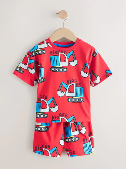 |Boy| Conjunto De 3 Pijamas Curtos Com Estampas Variadas De Dinossauro, Escavadeira e Lagosta nas cores azul, verde e vermelho (tamanhos de 9 meses a 8 anos)