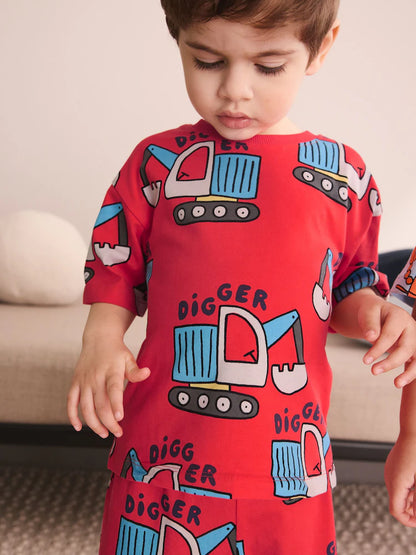 |Boy| Conjunto De 3 Pijamas Curtos Com Estampas Variadas De Dinossauro, Escavadeira e Lagosta nas cores azul, verde e vermelho (tamanhos de 9 meses a 8 anos)