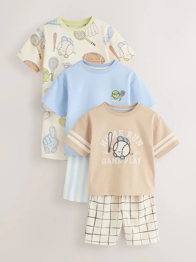 |Boy| Conjunto De 3 Pijamas Curtos Azul/Verde/Cinza Para Clube De Tênis (9 meses a 10 anos)