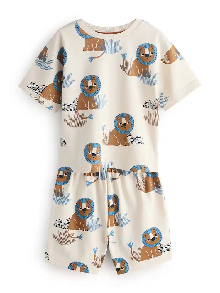|Boy| Conjunto De 3 Pijamas Curtos Com Estampa De Animais Da Savana Em Tons De Azul e Bege (9 meses a 8 anos)