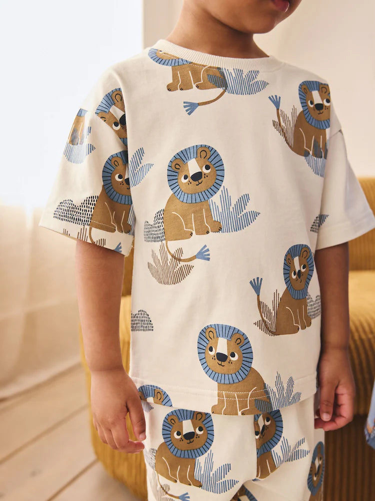 |Boy| Conjunto De 3 Pijamas Curtos Com Estampa De Animais Da Savana Em Tons De Azul e Bege (9 meses a 8 anos)