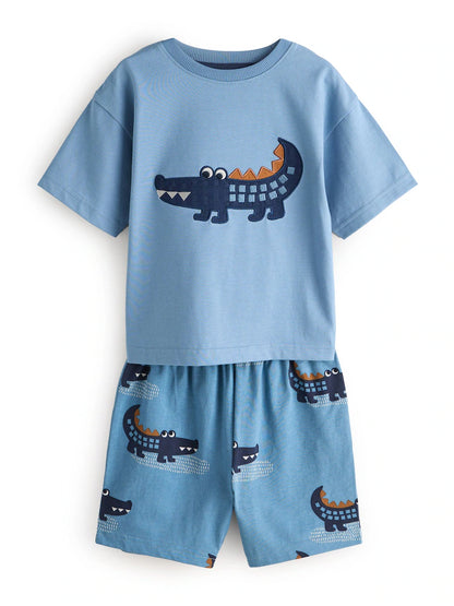 |Boy| Conjunto De 3 Pijamas Curtos Com Estampa De Animais Da Savana Em Tons De Azul e Bege (9 meses a 8 anos)