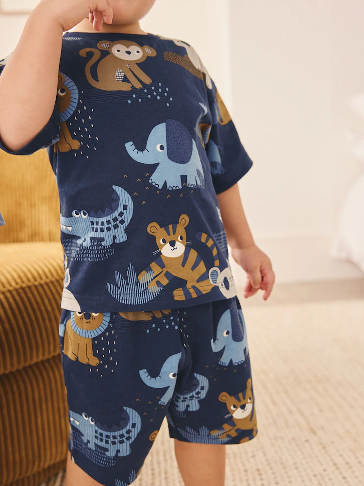 |Boy| Conjunto De 3 Pijamas Curtos Com Estampa De Animais Da Savana Em Tons De Azul e Bege (9 meses a 8 anos)