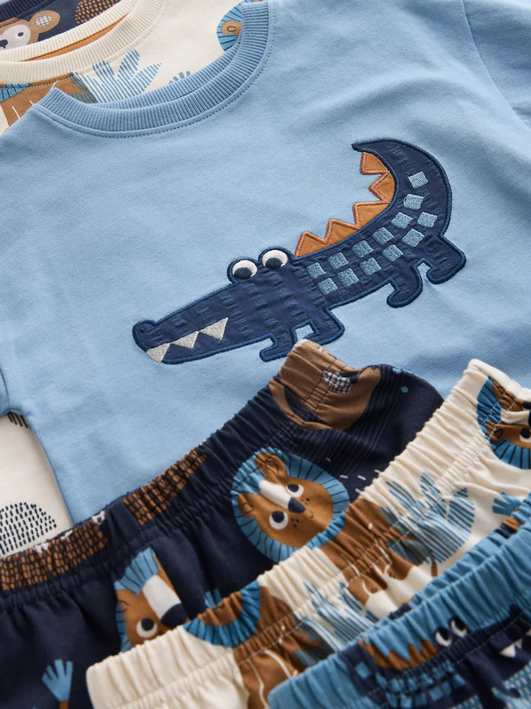 |Boy| Conjunto De 3 Pijamas Curtos Com Estampa De Animais Da Savana Em Tons De Azul e Bege (9 meses a 8 anos)