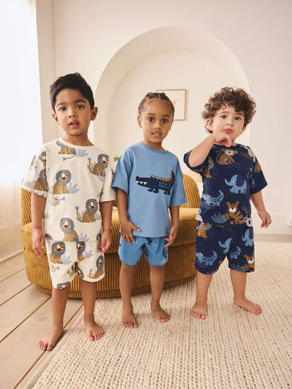 |Boy| Conjunto De 3 Pijamas Curtos Com Estampa De Animais Da Savana Em Tons De Azul e Bege (9 meses a 8 anos)