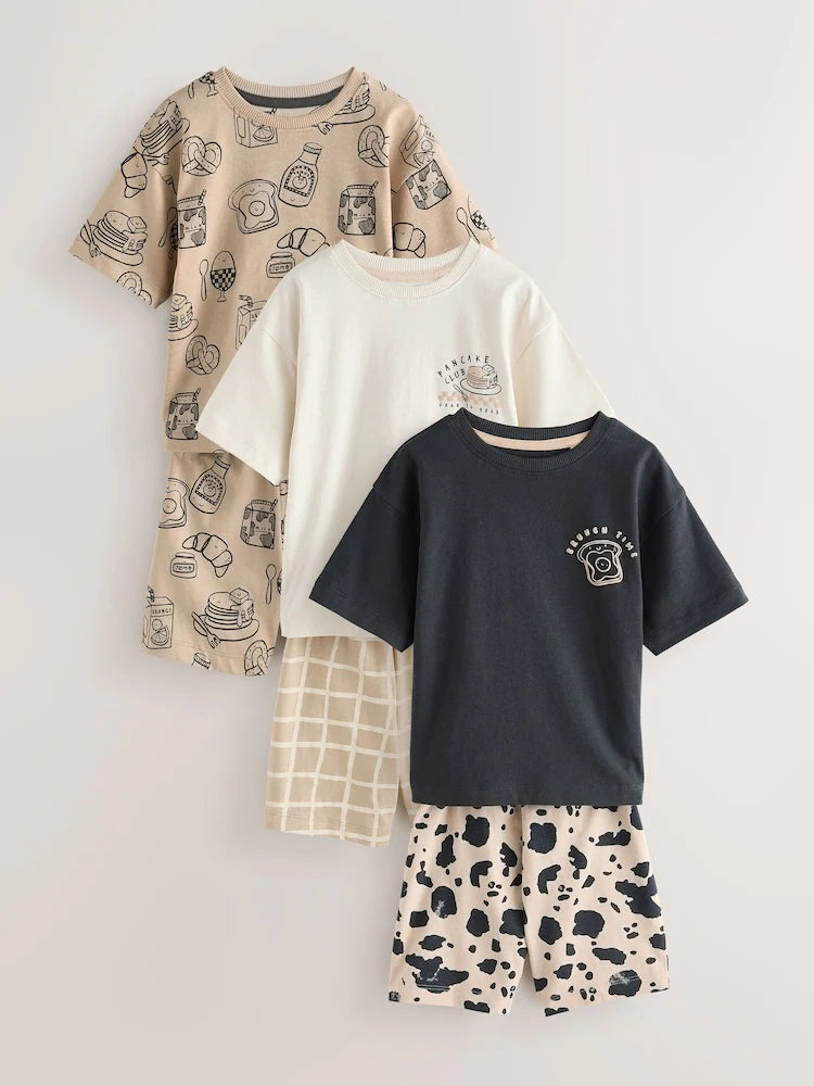 |Boy| Conjunto De 3 Pijamas Curtos Brunch Club Nas Cores Preto e Bege (9 meses a 10 anos)