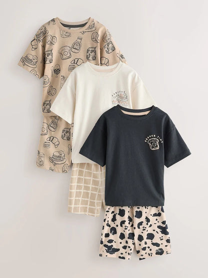 |Boy| Conjunto De 3 Pijamas Curtos Brunch Club Nas Cores Preto e Bege (9 meses a 10 anos)