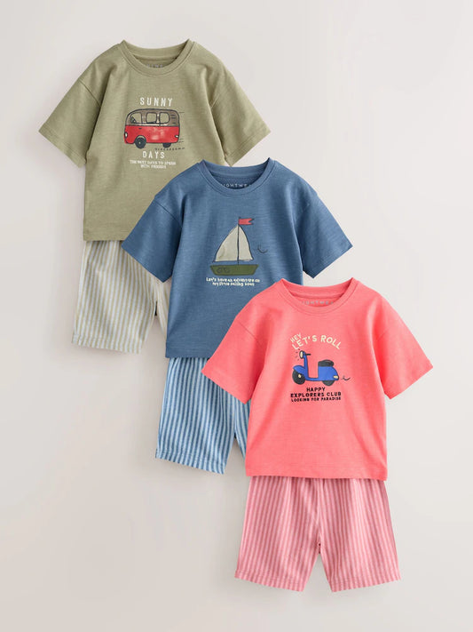 |Boy| Conjunto Com 3 Pijamas Curtos Nas Cores Azul, Verde e Coral (9 meses a 8 anos)