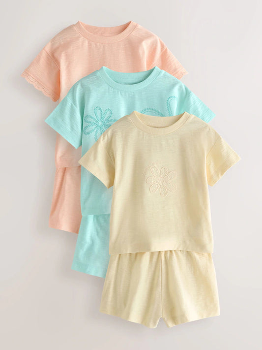 |Girl| Conjunto De 3 Pijamas Com Detalhes Bordados Em Tons De Azul-Turquesa, Pêssego e Amarelo (9 meses a 12 anos)