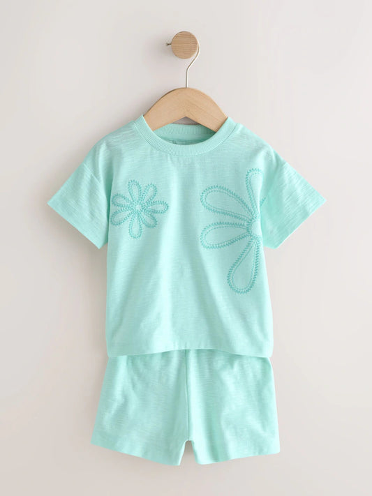 |Girl| Conjunto De 3 Pijamas Com Detalhes Bordados Em Tons De Azul-Turquesa, Pêssego e Amarelo (9 meses a 12 anos)